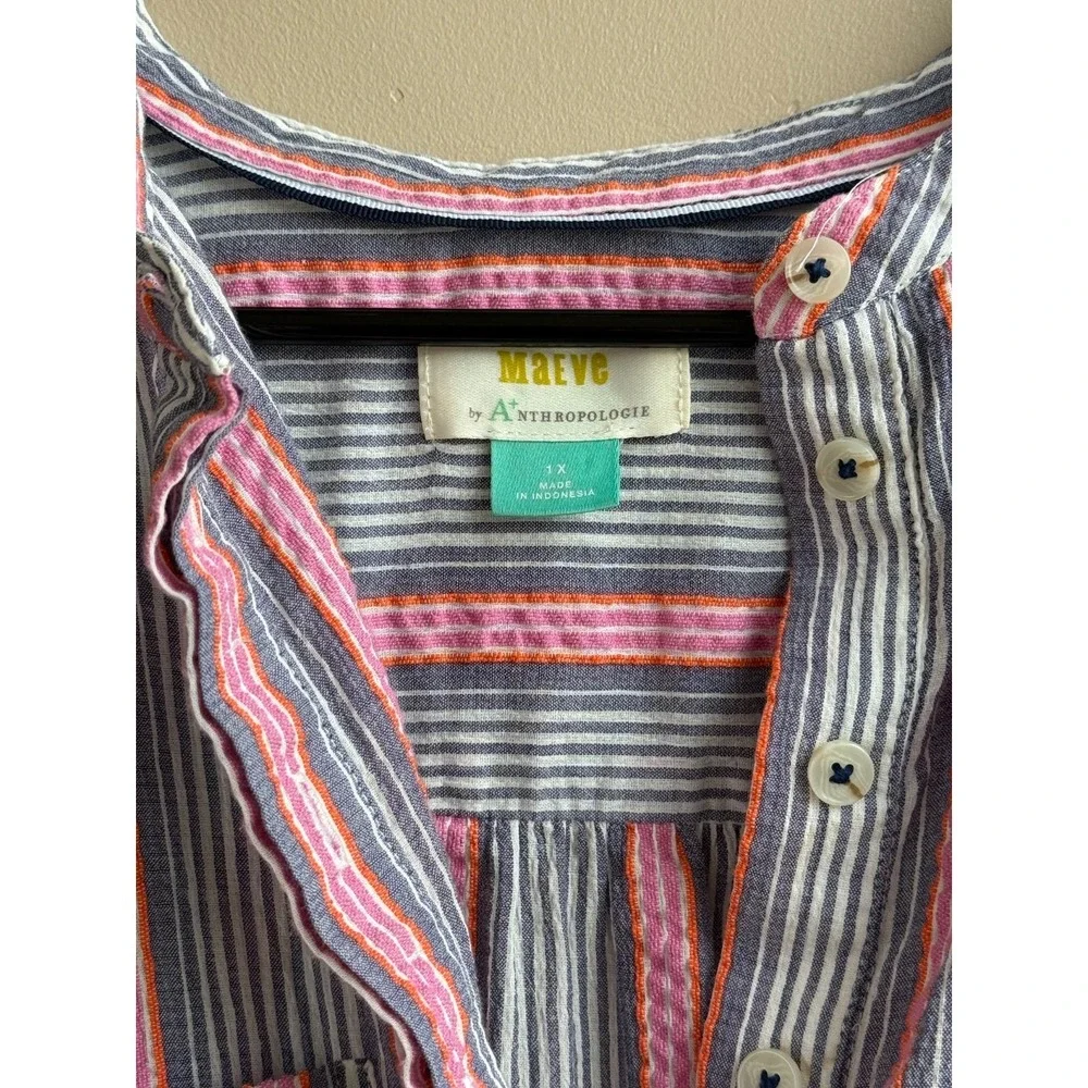 Anthropologie Maeve Stripe Popover Top Short Sleeve Pink Blue 1X Pockets - Picture 3 of 6